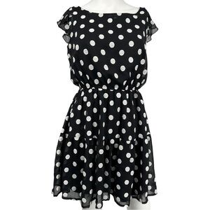 Embroidered Black and White Polka Dot ruffle Sleeve Dress
